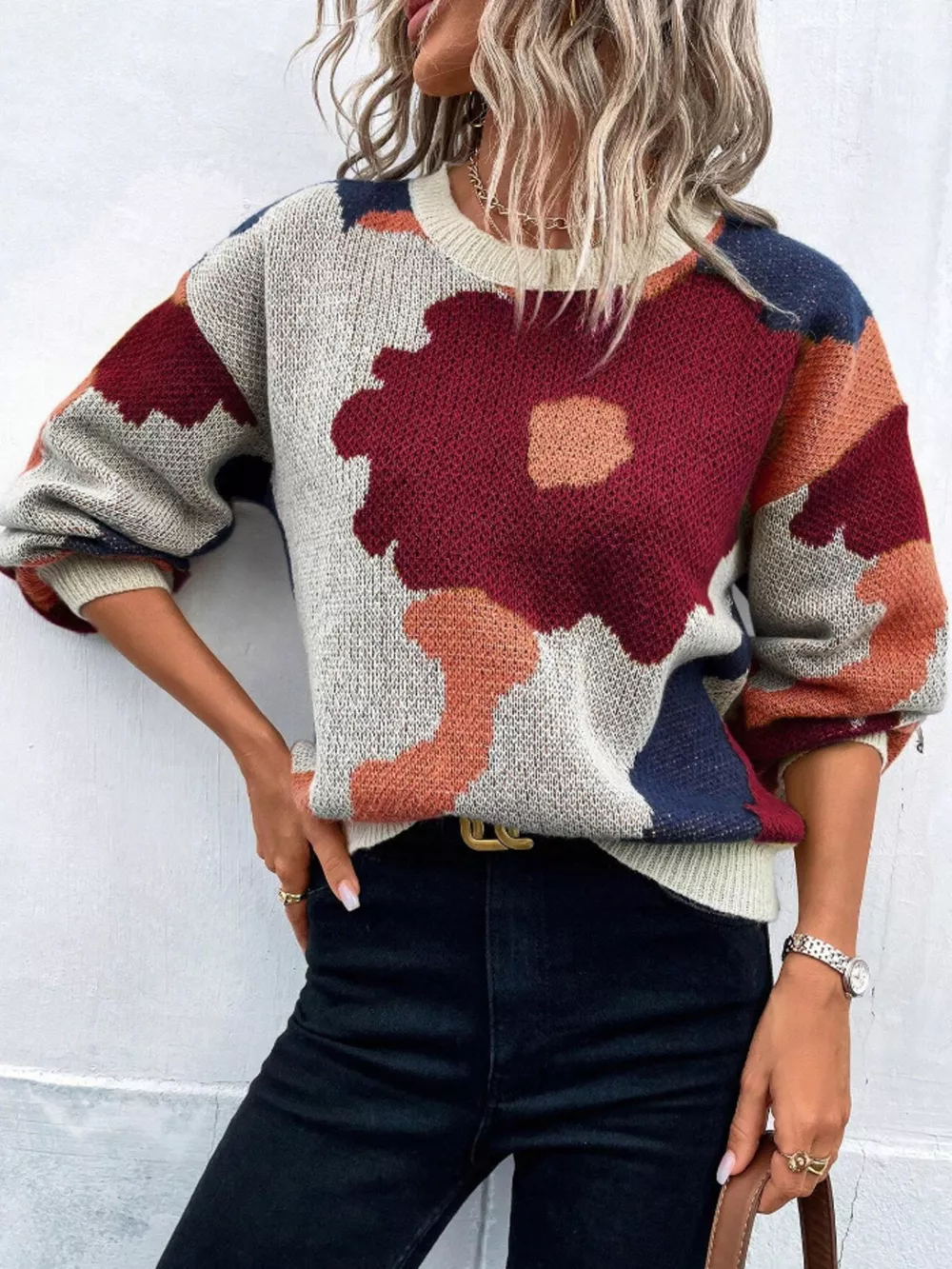 Floral Pattern Round Neck Sweater, image 2