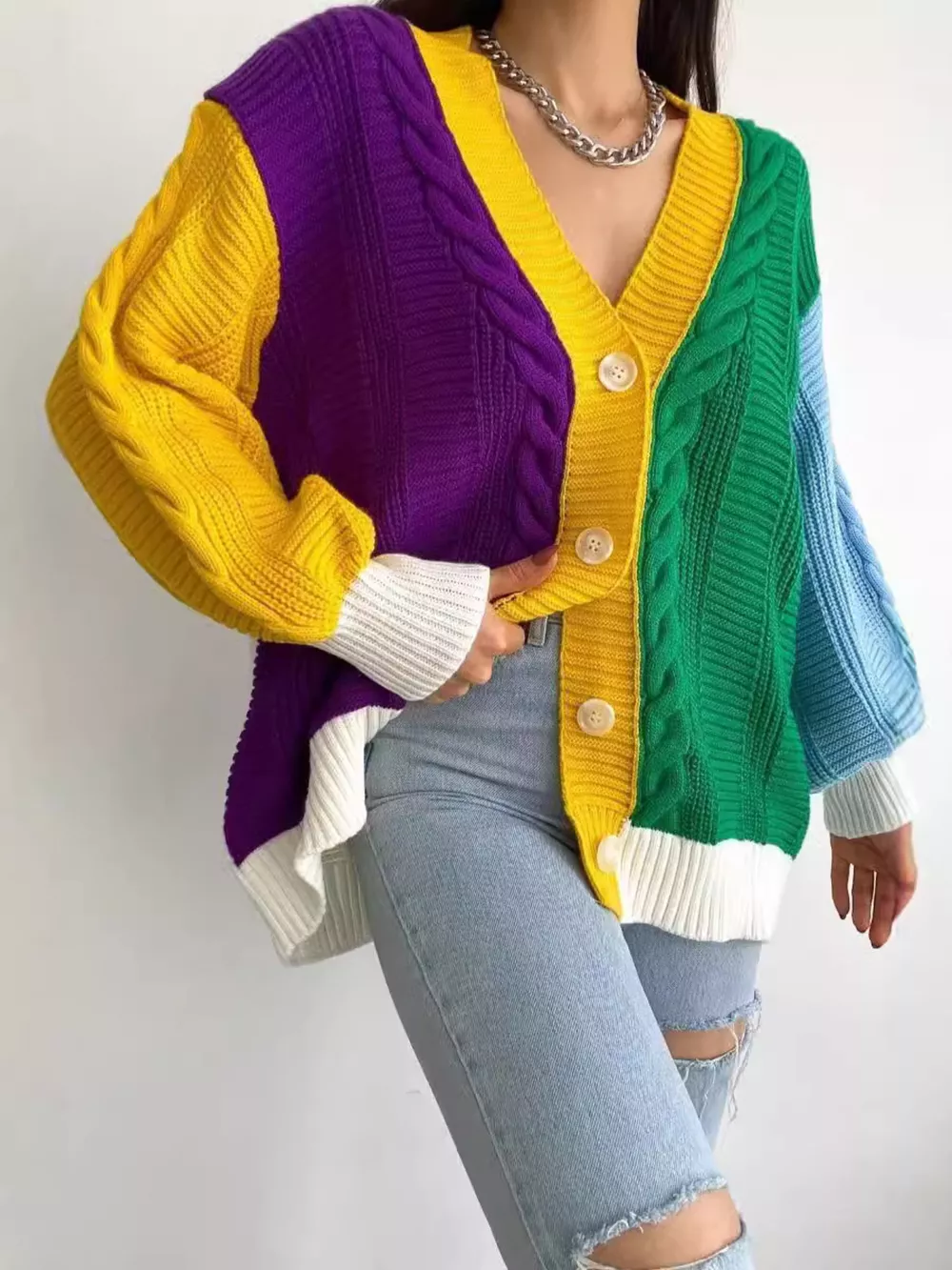 Color Block Button Down Cable-Knit Cardigan