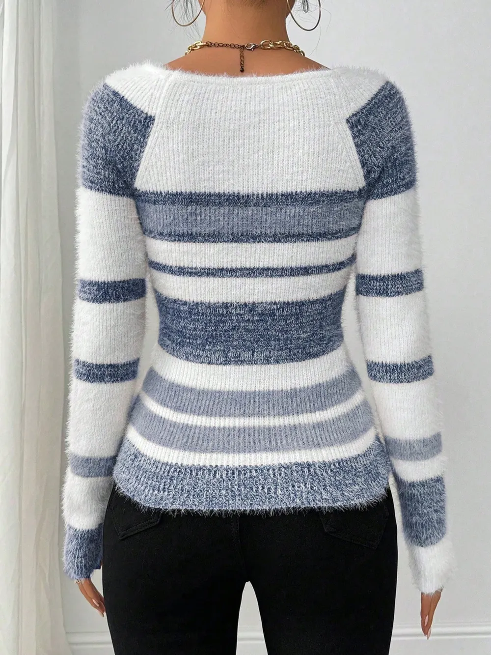Striped Fuzzy Long Sleeve Sweater, image 3