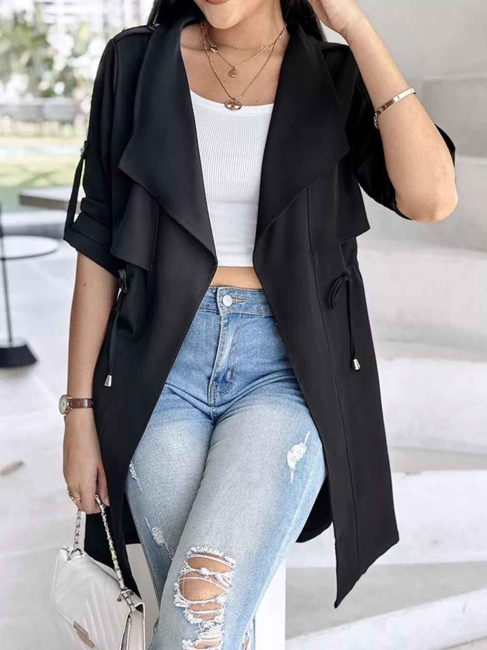 Drape Collar Lightweight Trench Coat, image 8