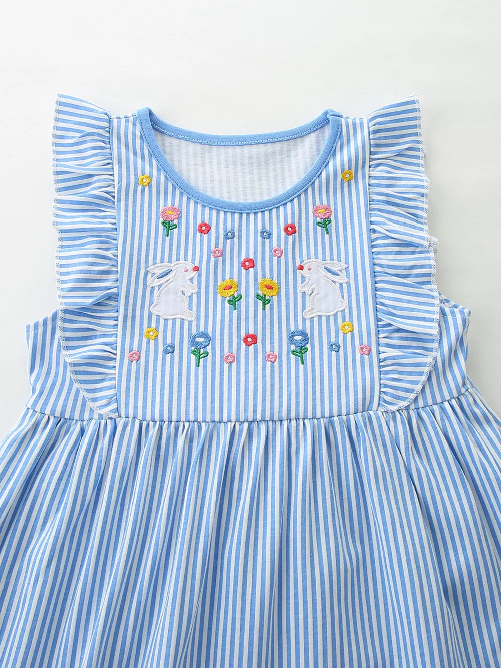 Children's Striped Bunny Embroidered Ruffle Sleeve Dress, image 3