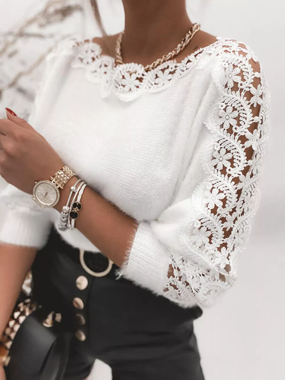Lace Trim Round Neck Sweater, image 2