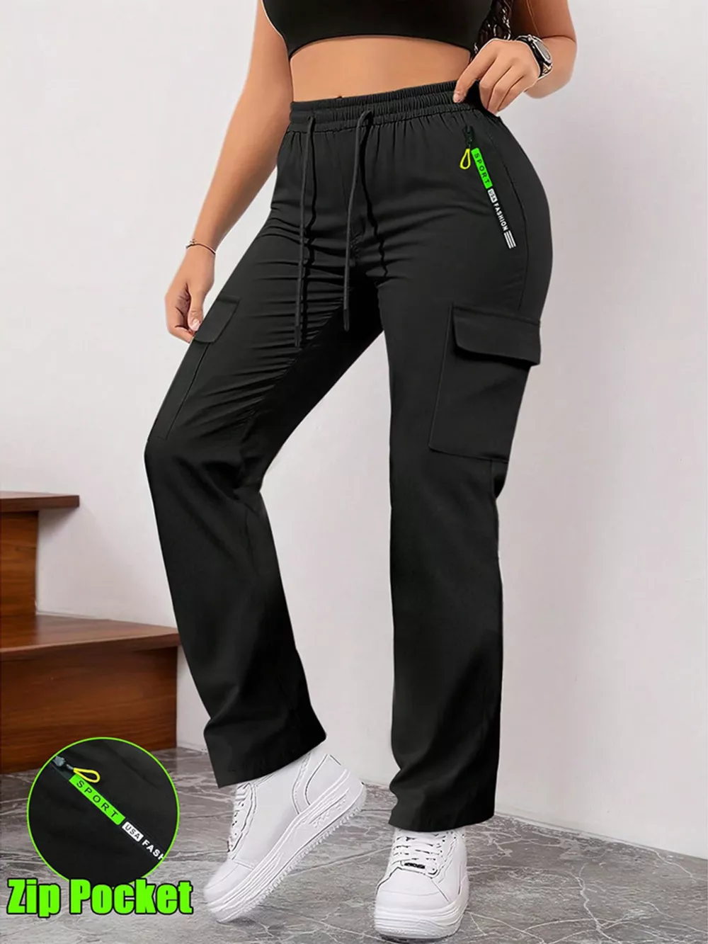 Full Size Drawstring Cargo Pants with Zip Pocket Plus Size, image 3