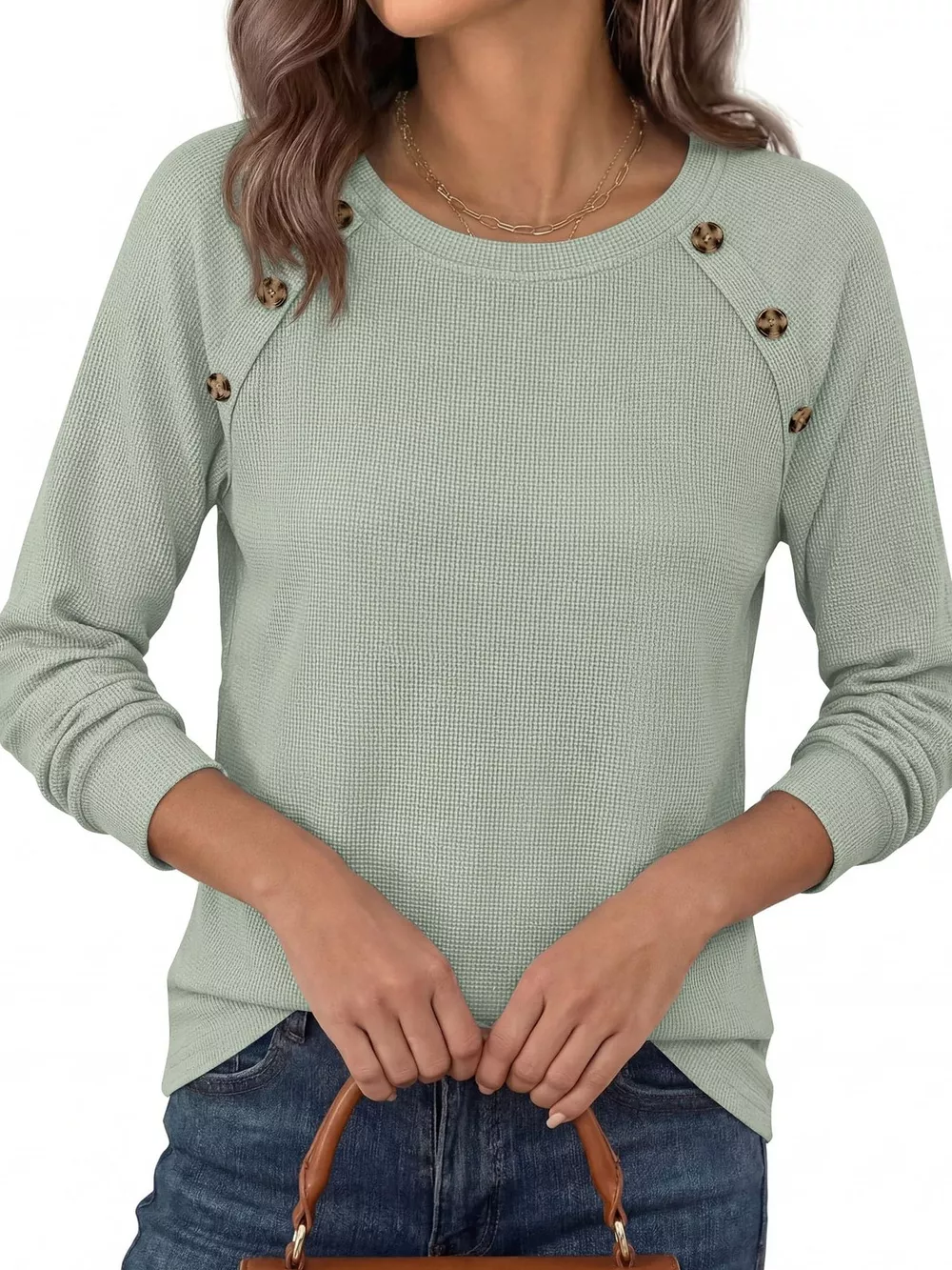 Decorative Button Waffle Knit Long Sleeve T-Shirt, image 8