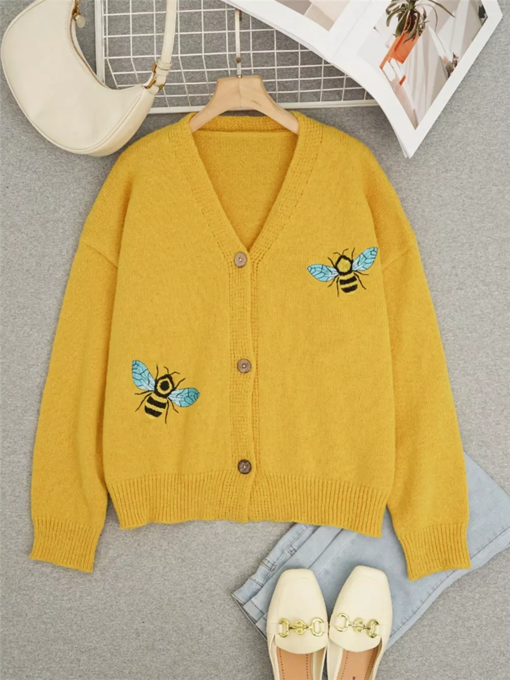 Bee Embroidered Button-Down Cardigan, image 4
