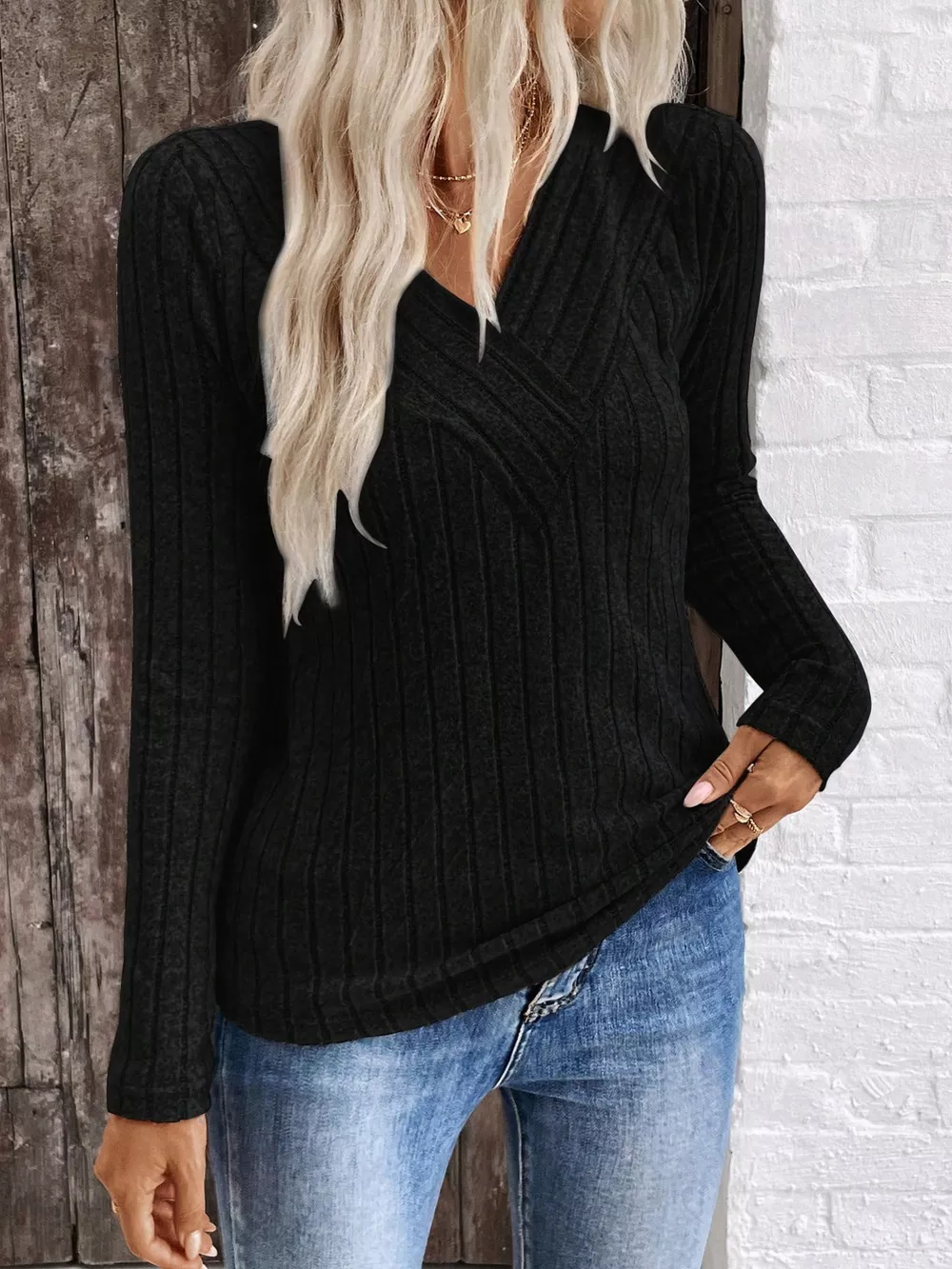 Ribbed V-Neck Long Sleeve T-Shirt, image 13