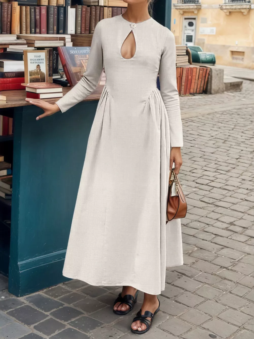 Keyhole Long-Sleeve Midi Dress
