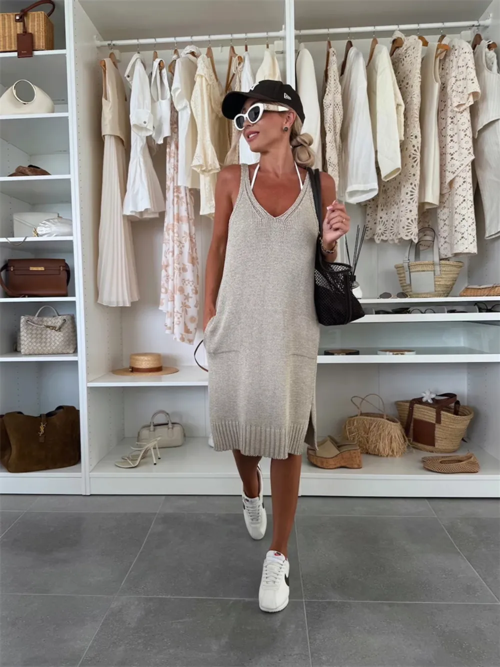 Ribbed Hem V-Neck Sweater Dress, image 4