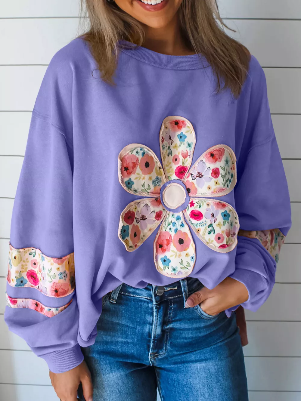Plus Size Floral Applique Drop Shoulder Sweatshirt, image 12
