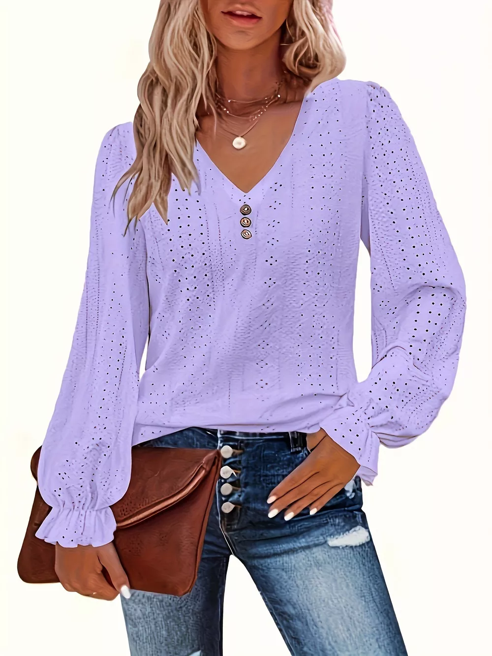 Plus Size Eyelet V-Neck Flounce Sleeve Blouse, image 7