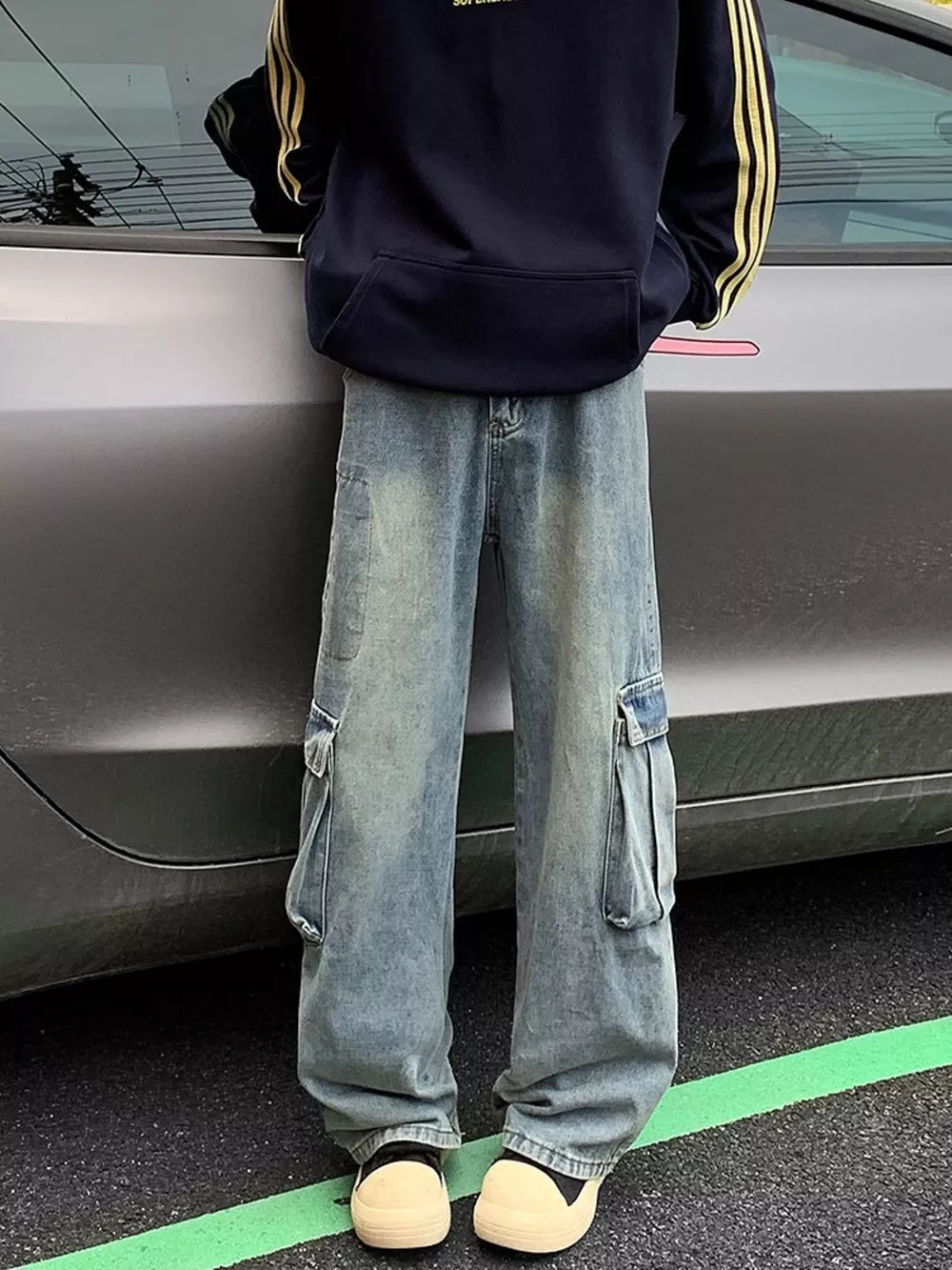 Men's Full Size Vintage Wash Wide Leg Cargo Jeans Plus Size