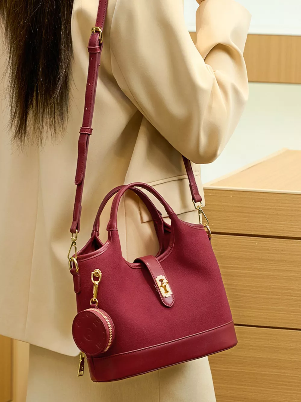 Suede Crossbody Bag with Detachable Coin Pouch, image 5