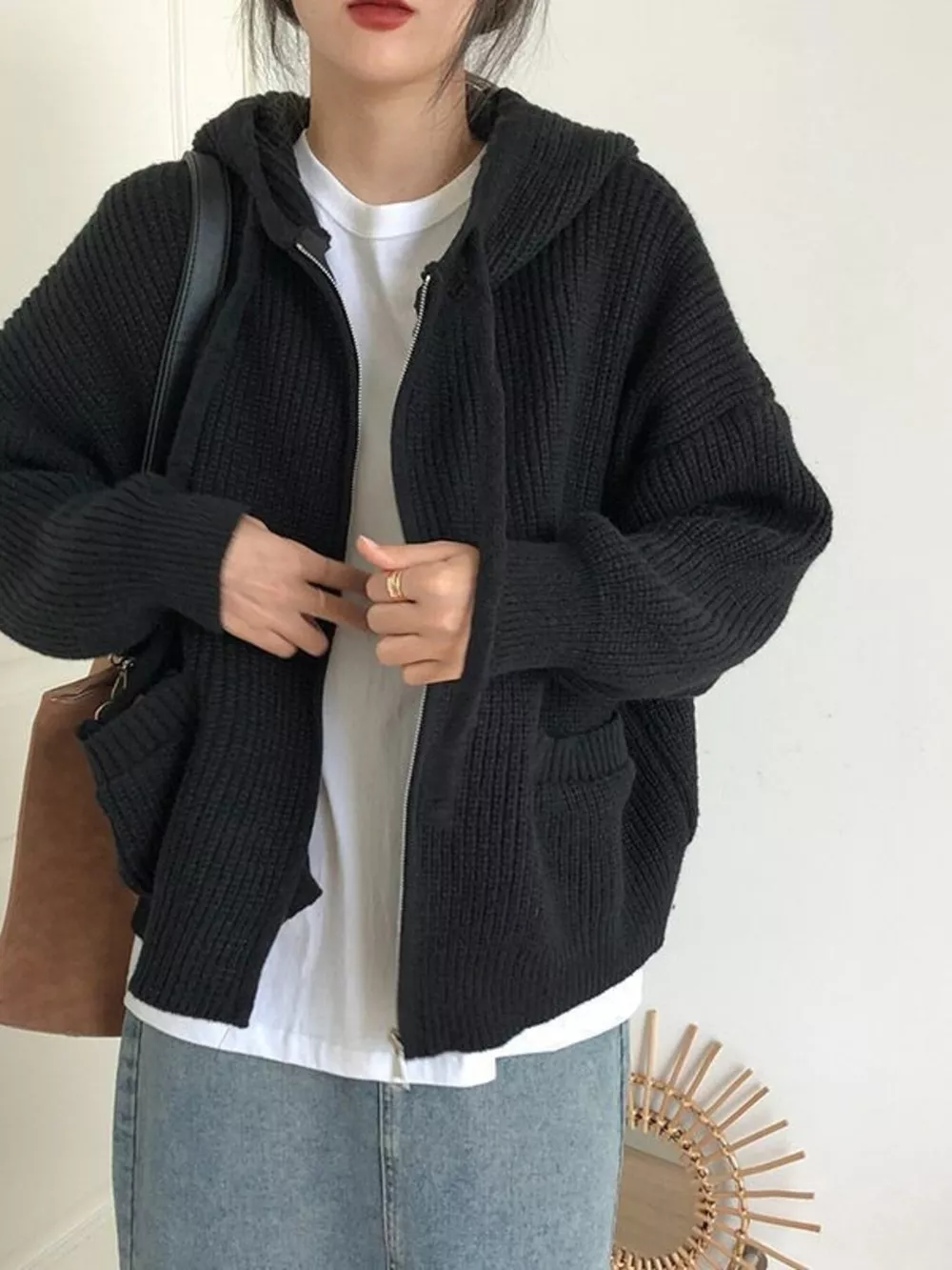 Casual Knitted Zip-Up Hooded Cardigan, image 6
