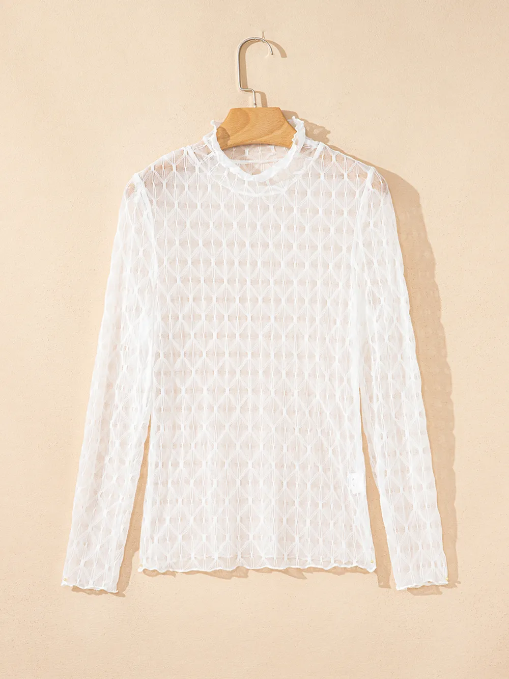 Sheer Mesh Patterned Lettuce Trim Slim Long Sleeve Top, image 8