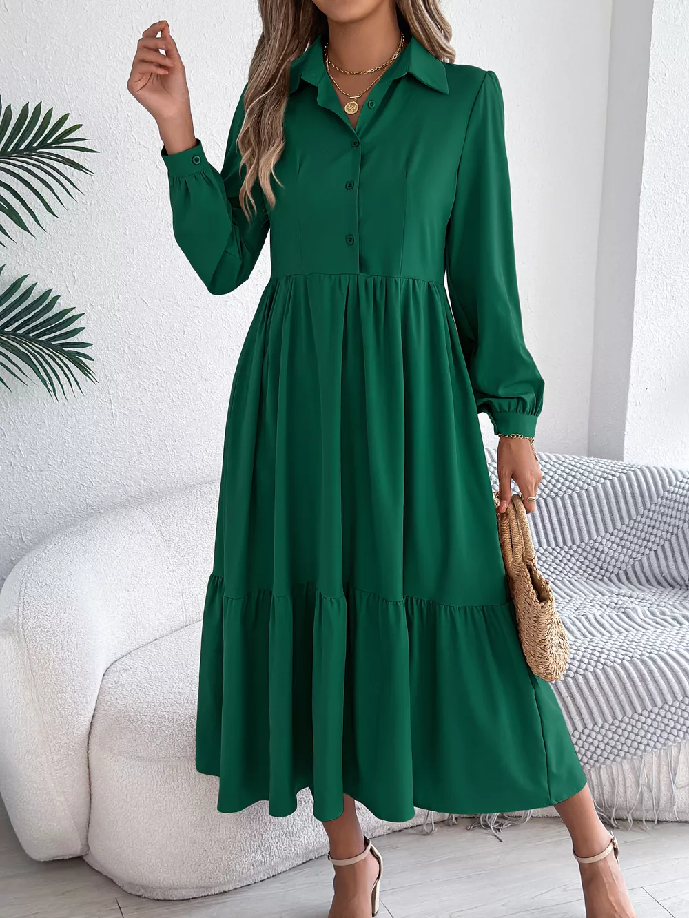 Long Sleeve Tiered Button Front Midi Dress, image 17