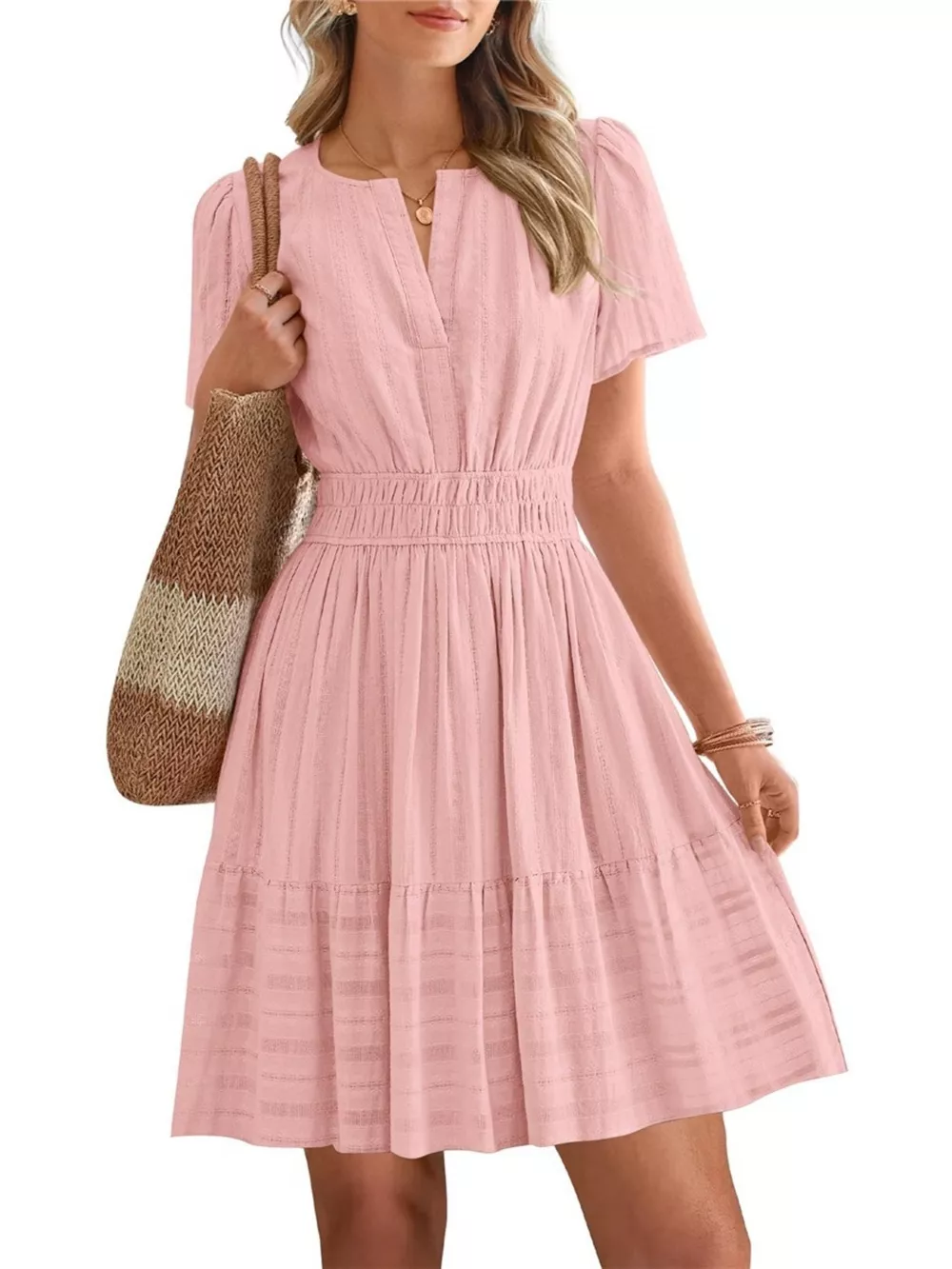 Short Sleeve Smocked Waist Tiered Dress, image 23