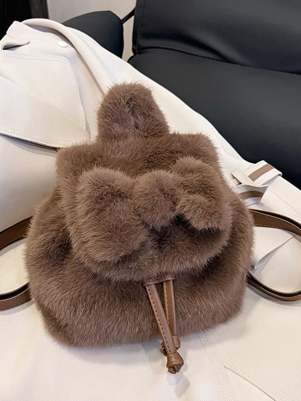 Fuzzy Plush Drawstring Backpack Bag, image 6