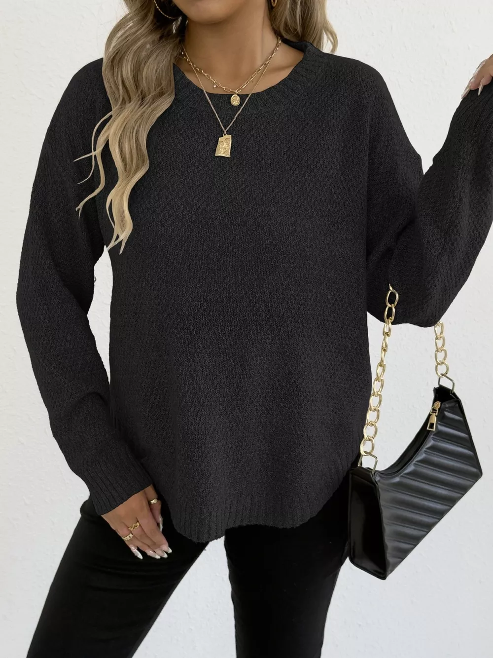Textured Knit Relaxed Fit Round Neck Sweater, image 8