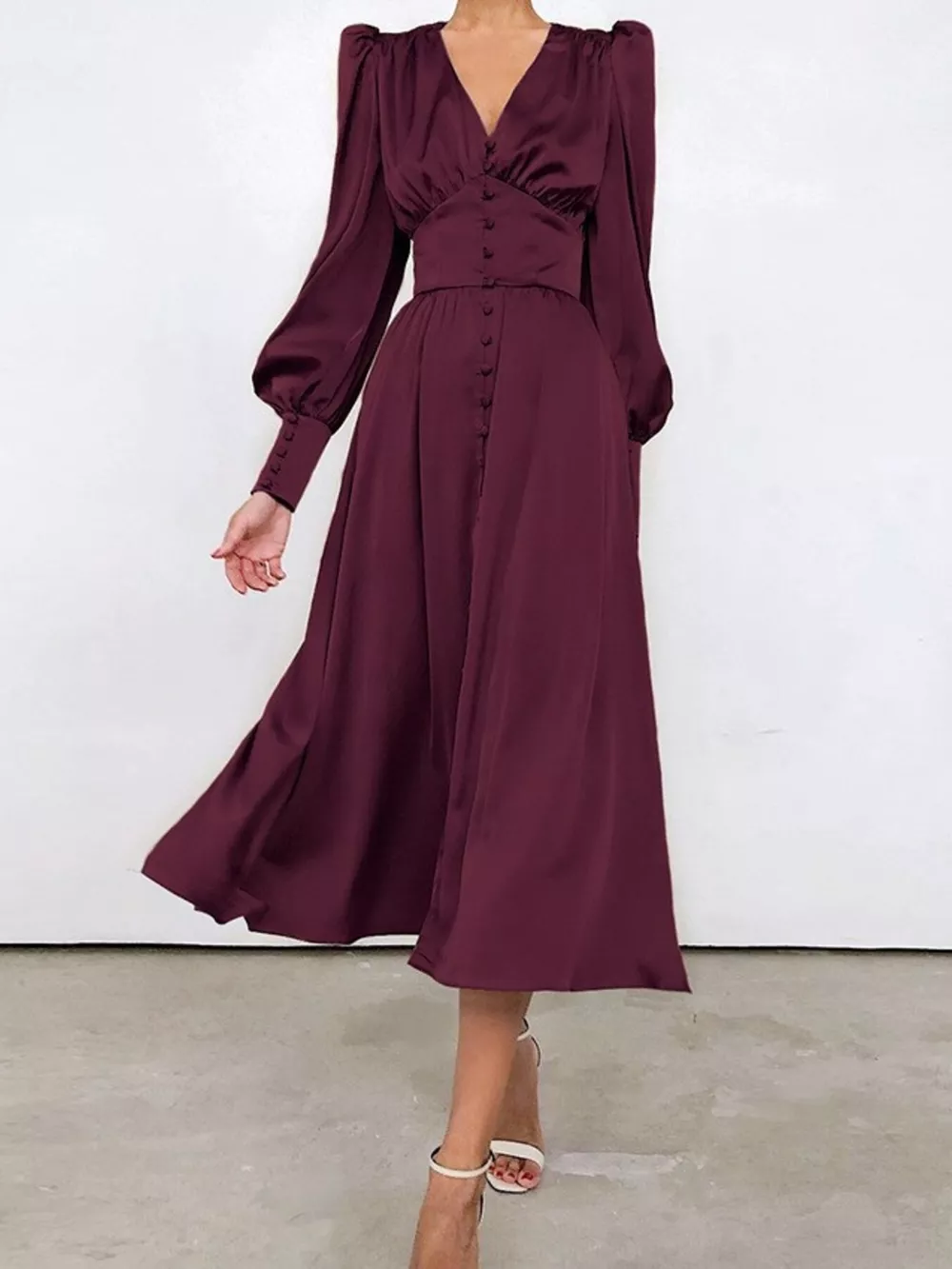 V-Neck Lantern Sleeve Midi Dress, image 7