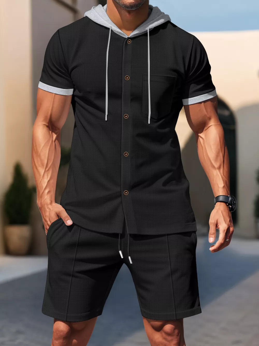 Men's Full Size Casual Hooded Top & Shorts Set Plus Size, image 2