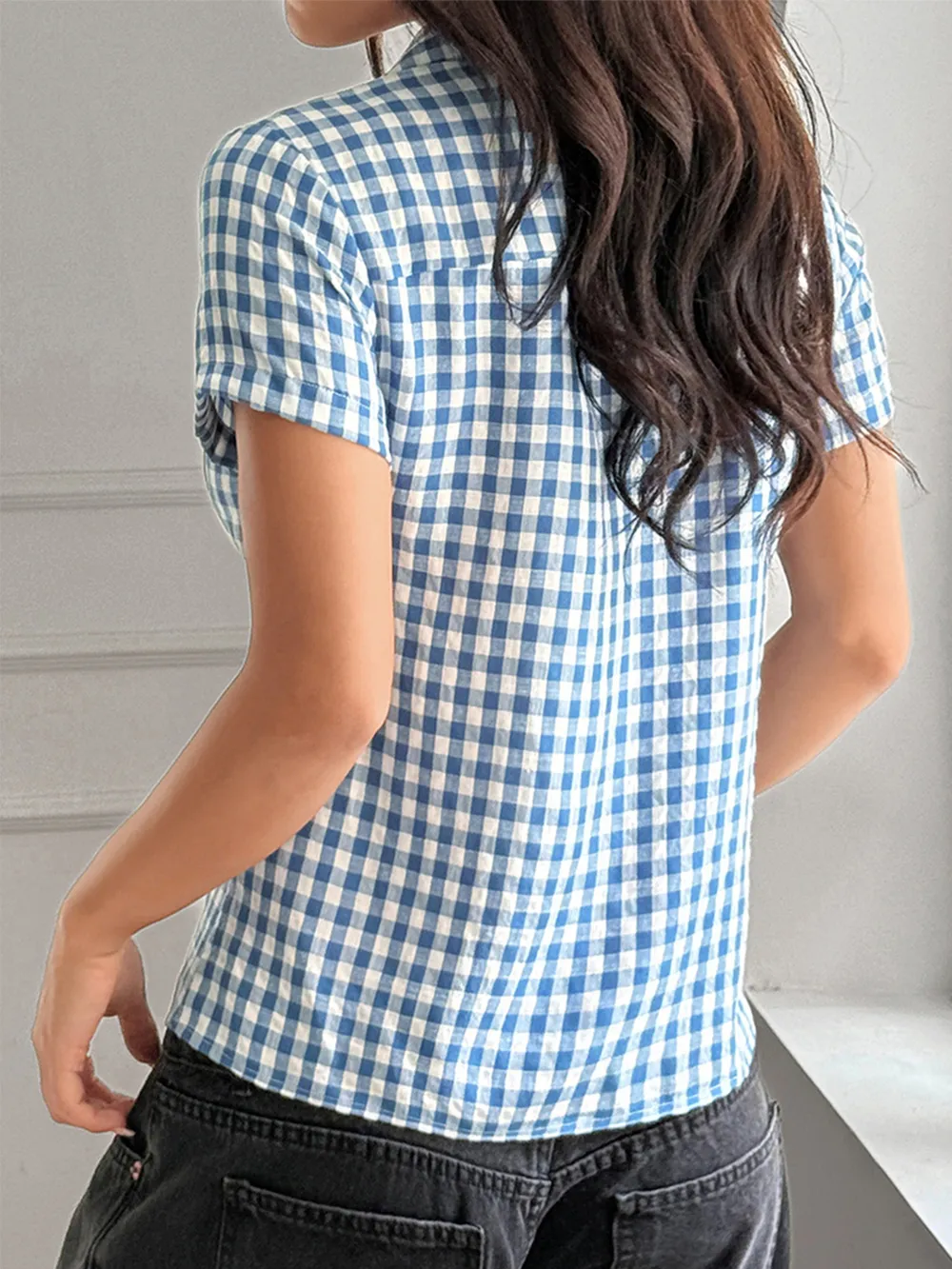 Gingham Check Short Sleeve Button-Up Shirt, image 5