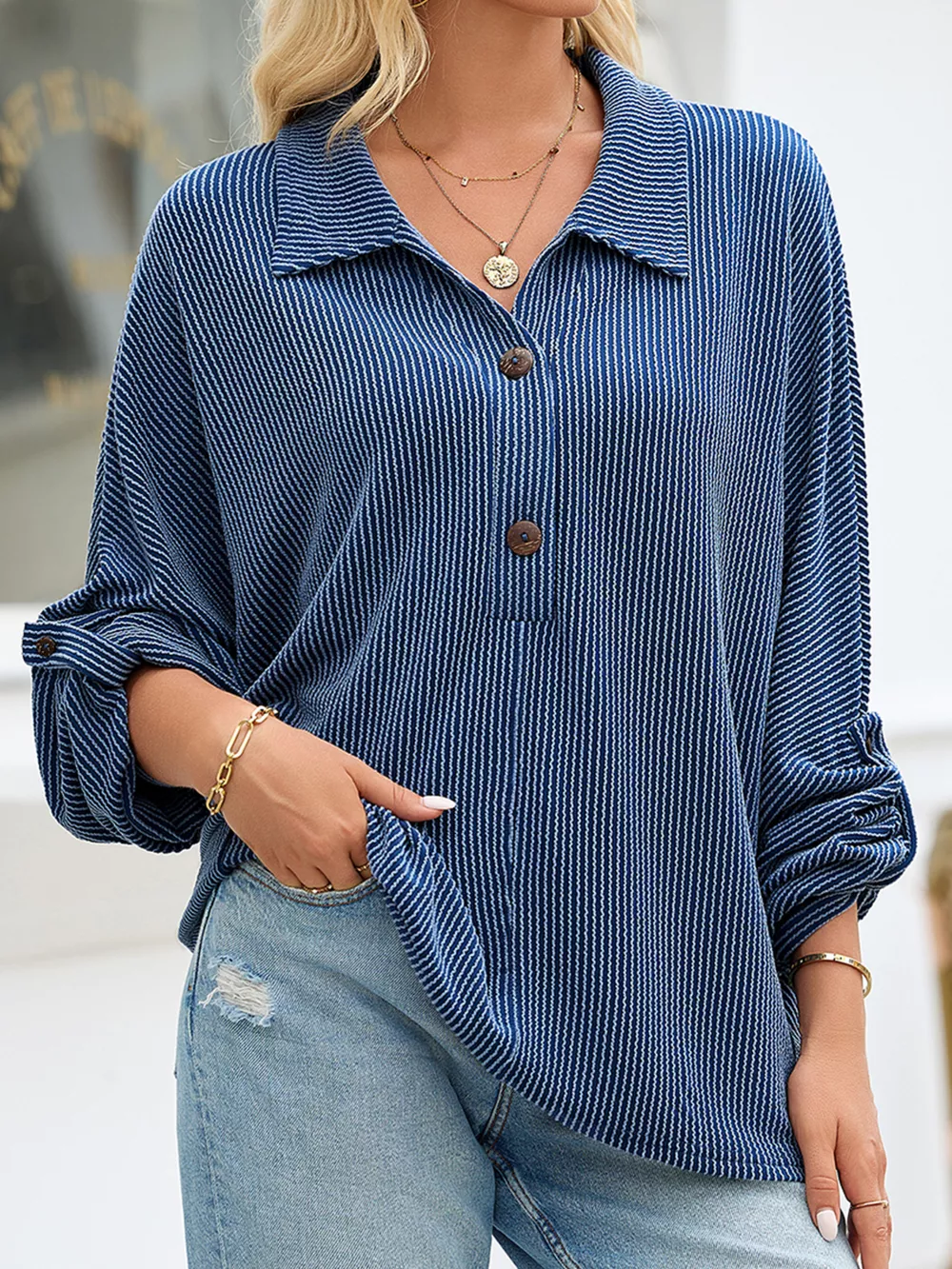 Oversized Twist Ribbed Collared Henley Top with Roll Up Sleeve, image 2