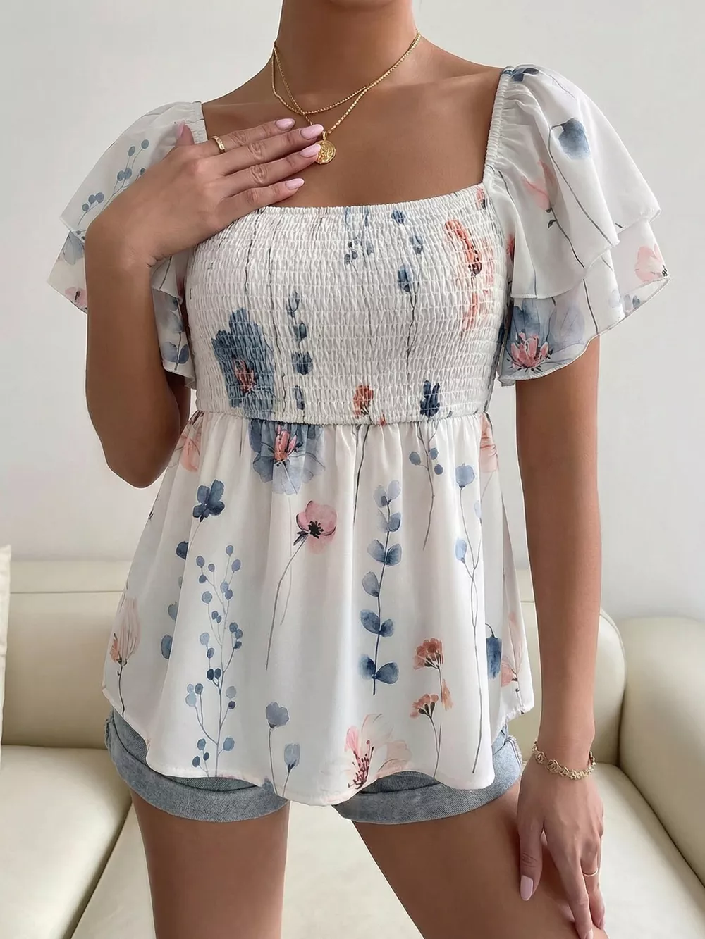 Smocked Square Neck Flutter Sleeve Blouse