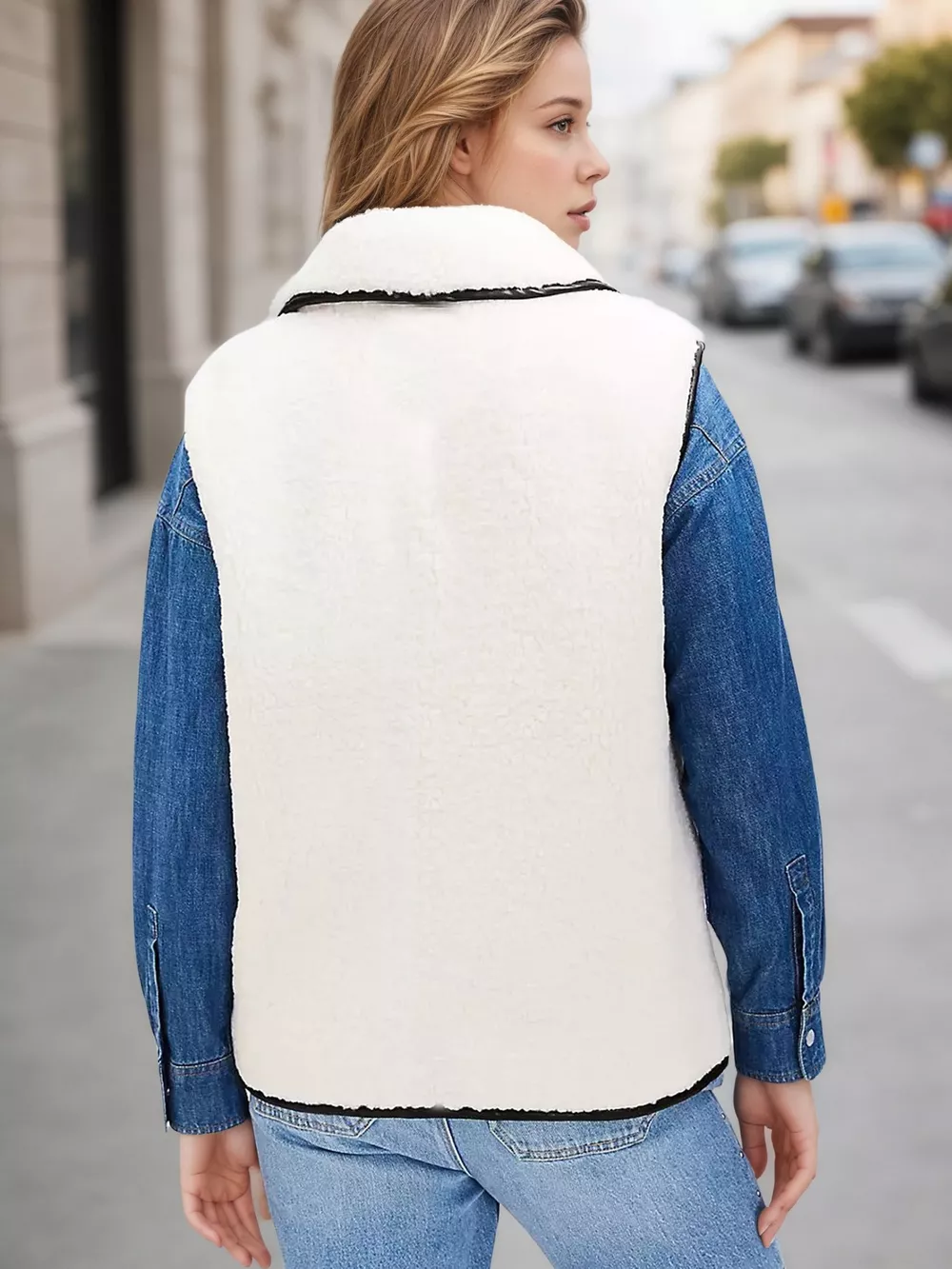 Sherpa Fleece Vest Coat with Contrast Trim, image 3