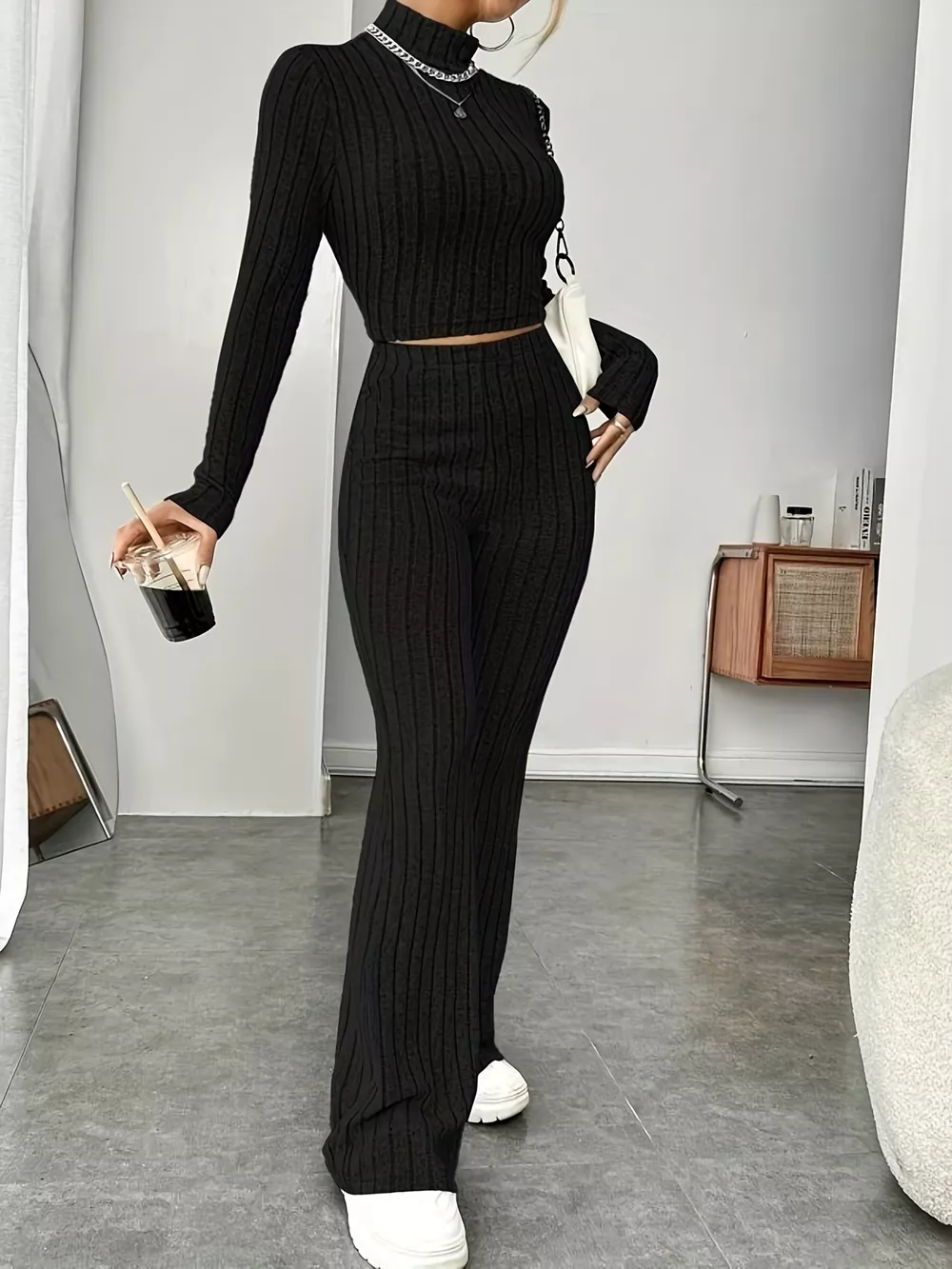 Ribbed Turtleneck Crop Top and Flare Pants Sweater Set, image 4