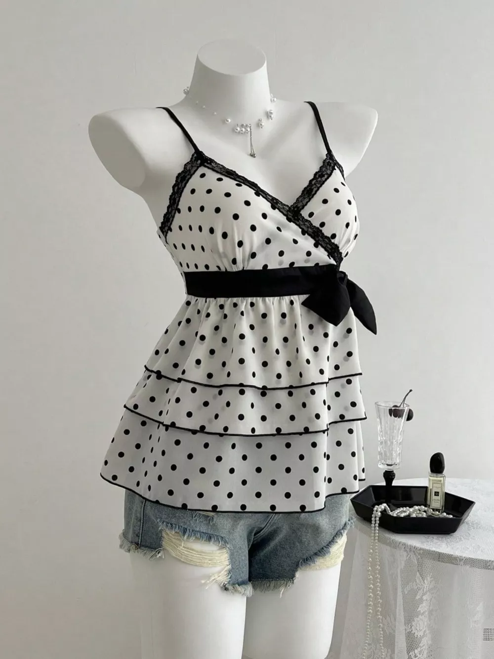 Polka Dot Ruffle Hem Cami with Lace Trim, image 3