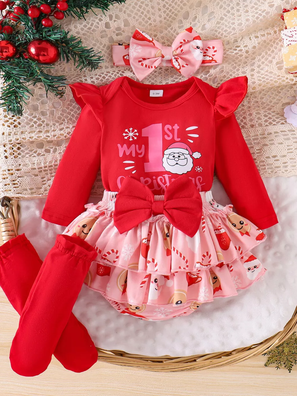 Children's Christmas Ruffled Long Sleeve Top and Skirt Set with Headband, image 6