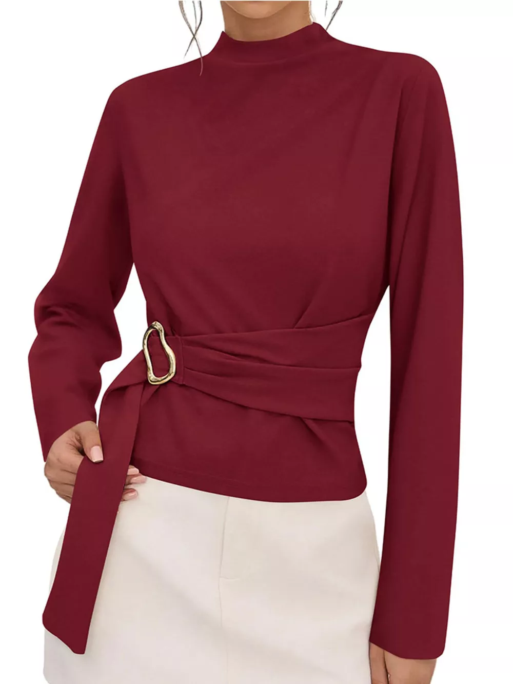 Mock Neck Blouse with Waist-Defining Metal Buckle Detail, image 10