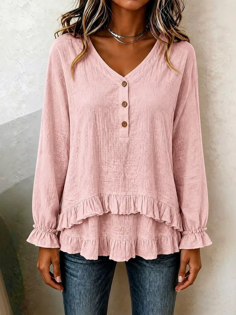 Ruffled Hem Long Sleeve Blouse
