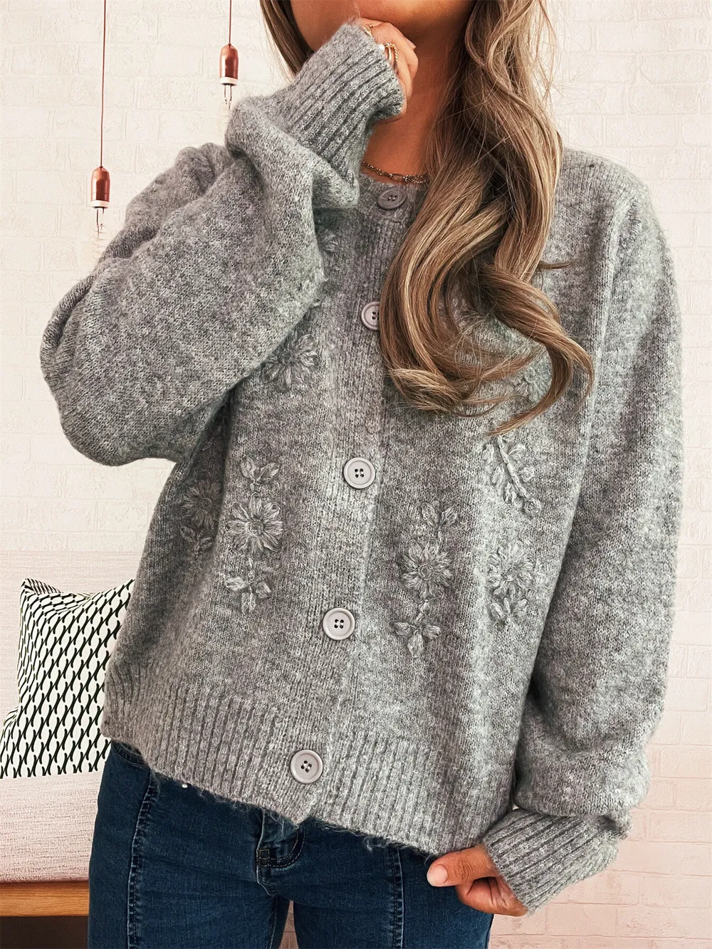 Flower Button Up Ribbed Hem Cardigan, image 18