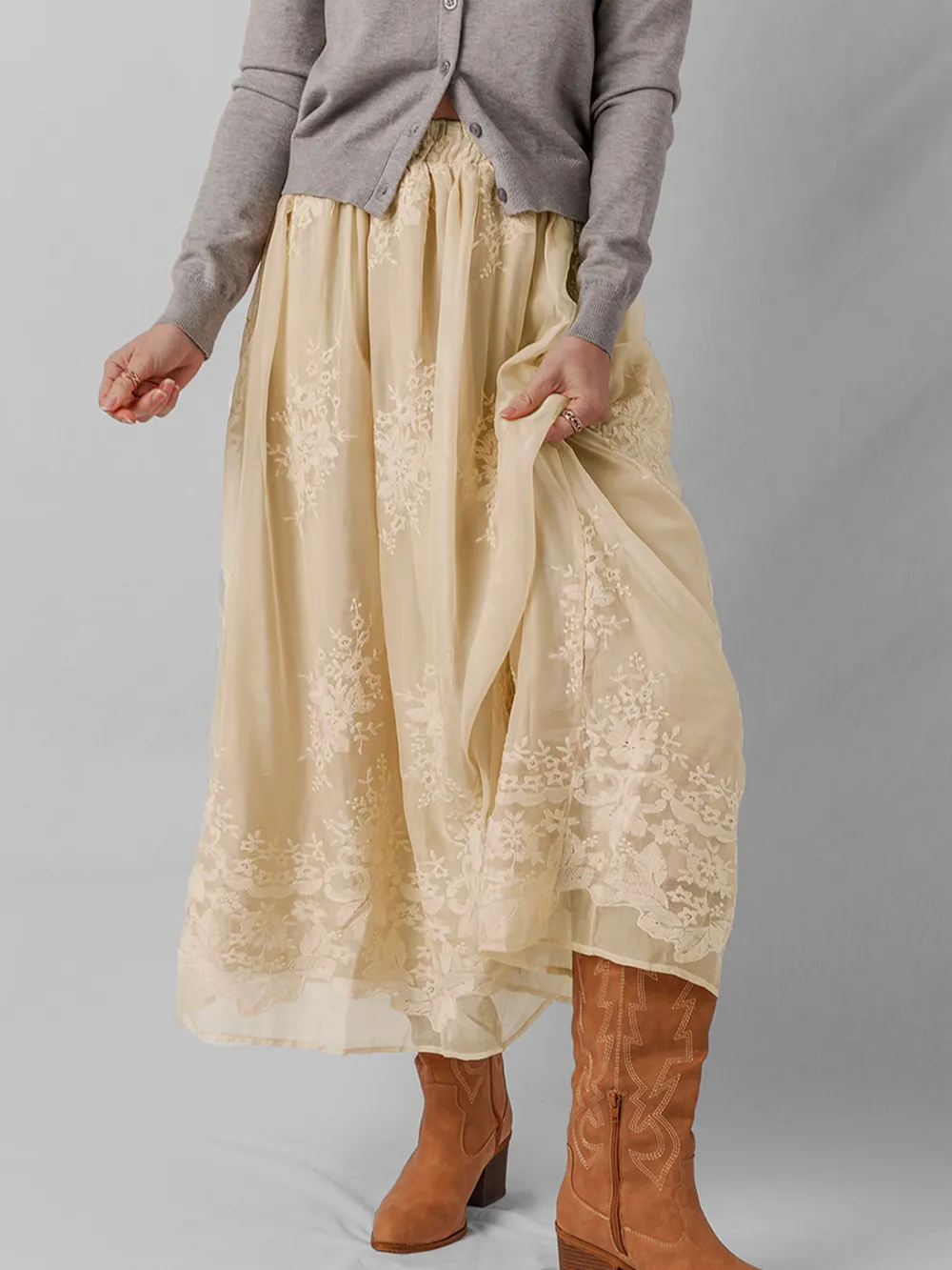 Embroidered Mesh Overlay Flowy Midi Skirt, image 4