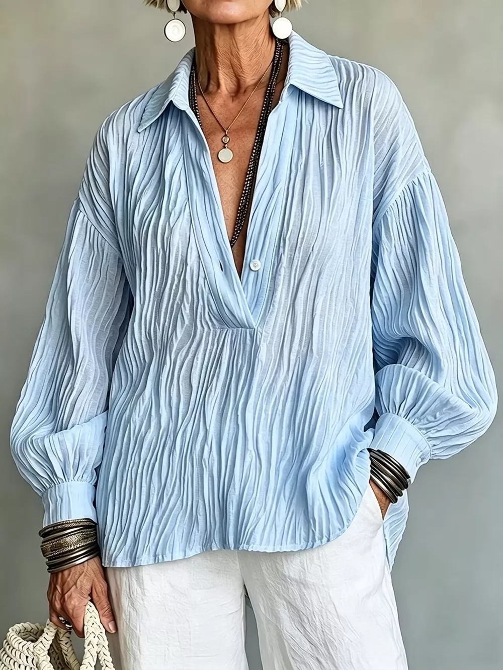 Full Size Texture Long Sleeve Blouse Plus Size, image 8
