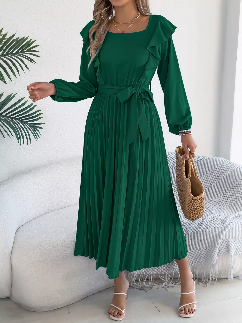 Ruffle Trim Pleated A-Line Midi Dress, image 10