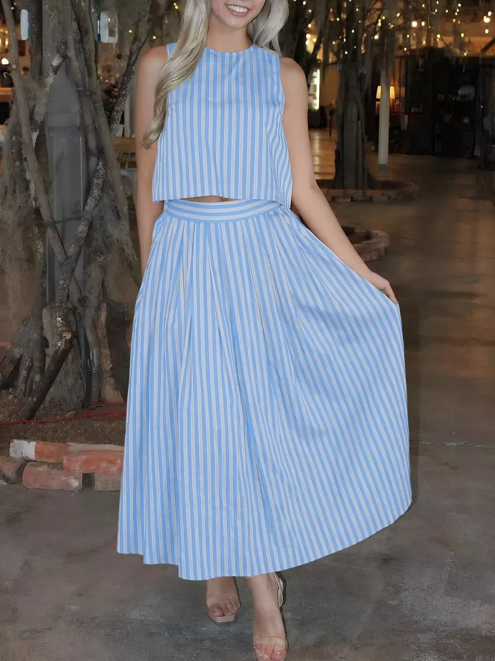 Striped Sleeveless Top and Midi Skirt Set, image 6