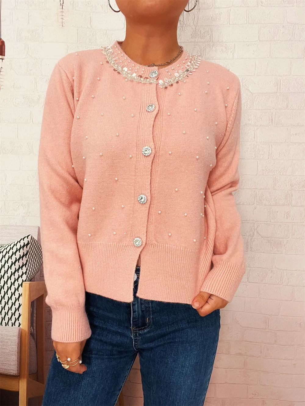 Pearl Detail Button-Front Cardigan, image 10