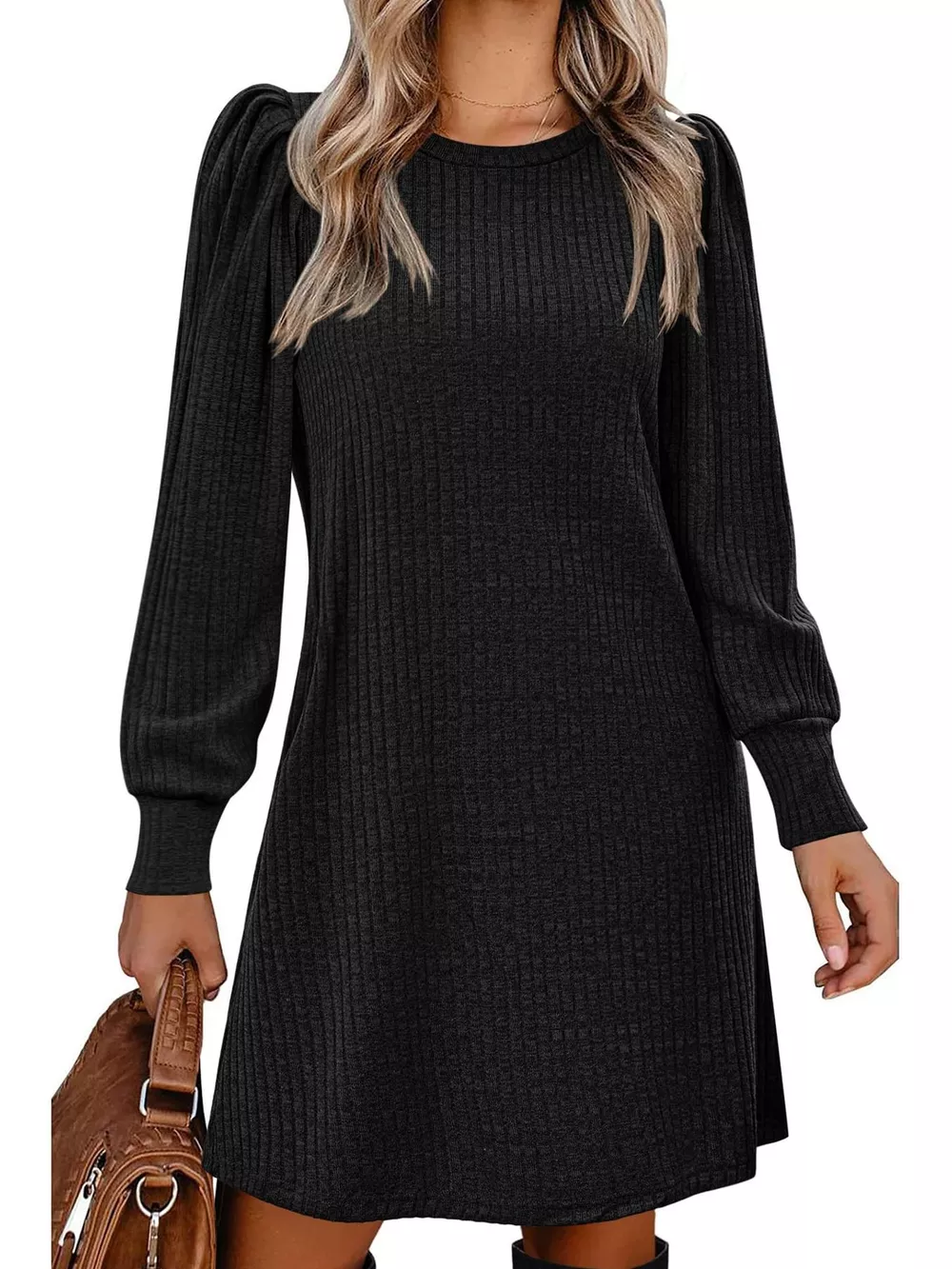Ribbed Knit Puff Sleeve Casual Mini Dress, image 18