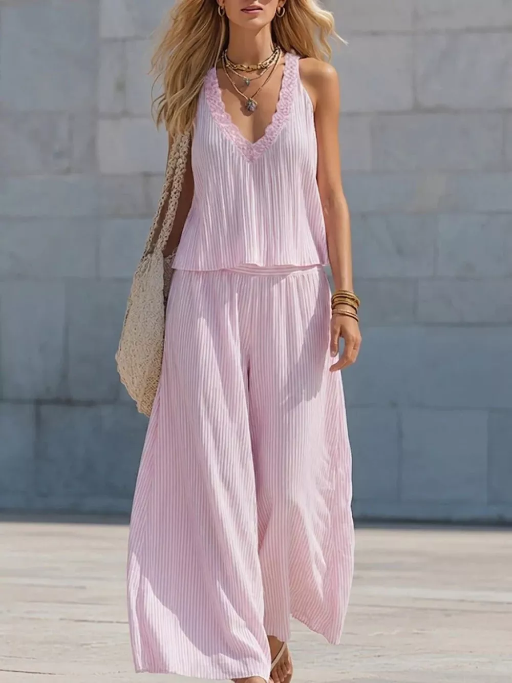 Striped V-Neck Tank and Wide-Leg Pants Set, image 3