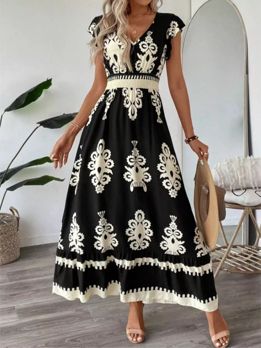 Printed V-Neck Ruffled Cap Sleeve Dress, image 12