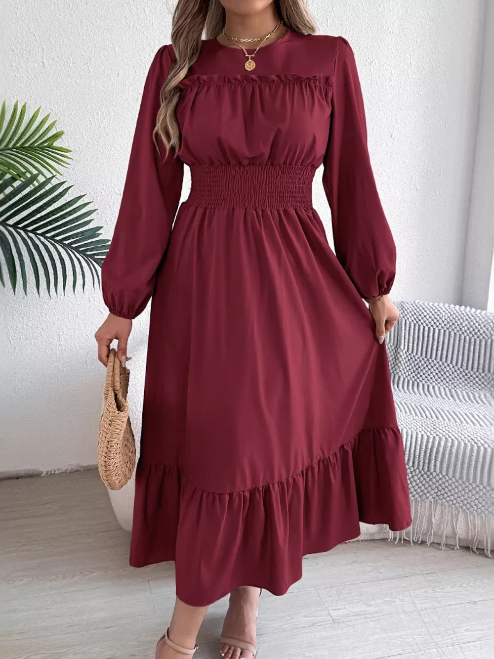 Round Neck Balloon Sleeve Tiered Dress, image 14