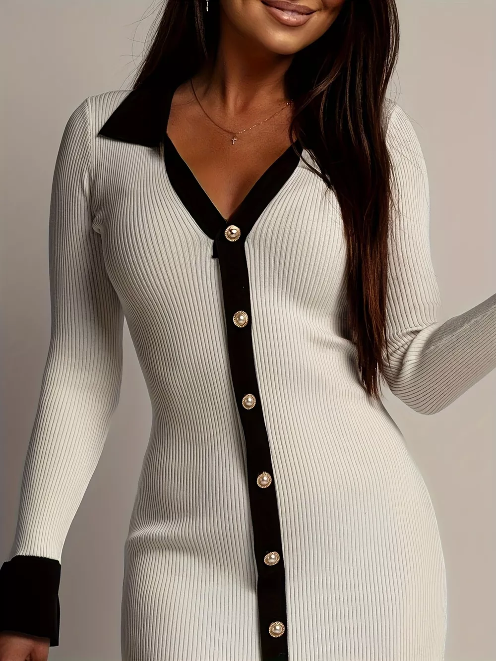Ribbed Knit Contrast Trim Sweater Dress, image 2