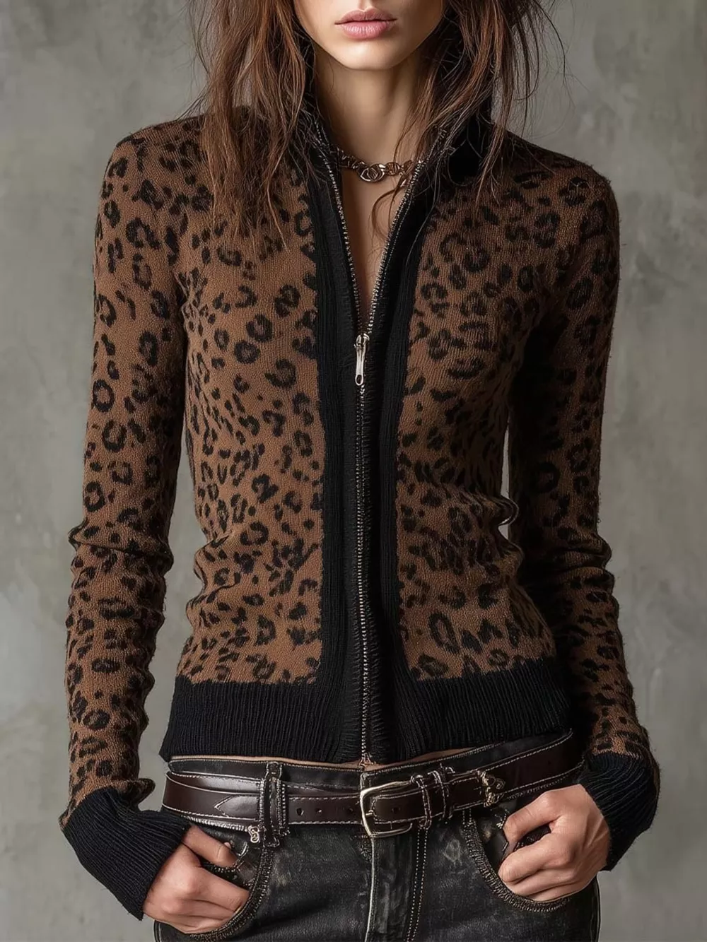 Leopard Print Knit Zip-Up Outerwear