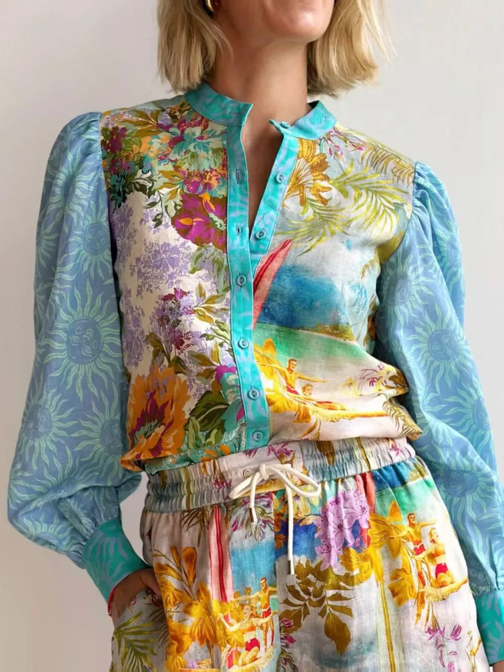 Printed Button Up Shirt and Shorts Set, image 2