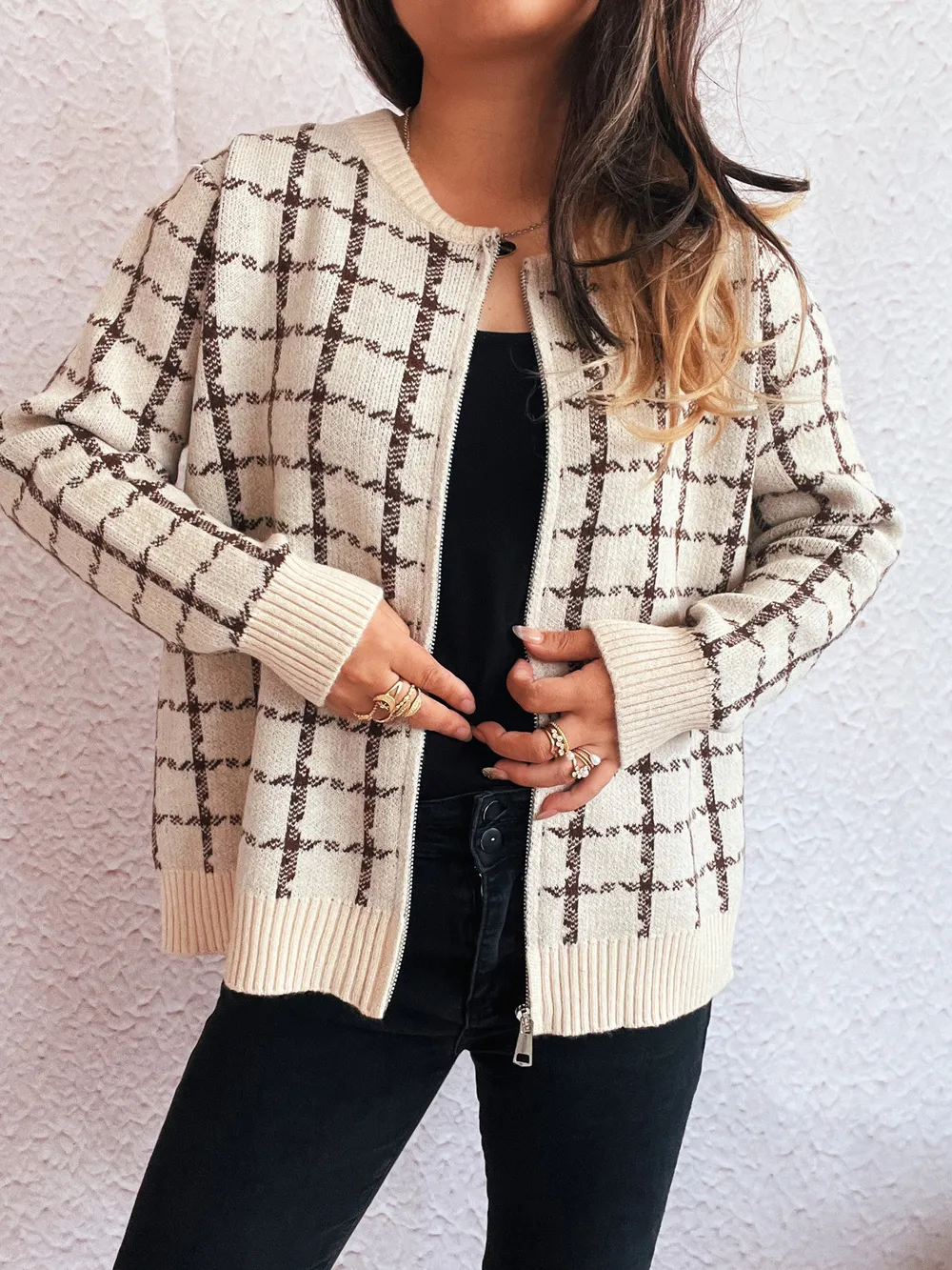 Plaid Pattern Zip Up Cardigan, image 8