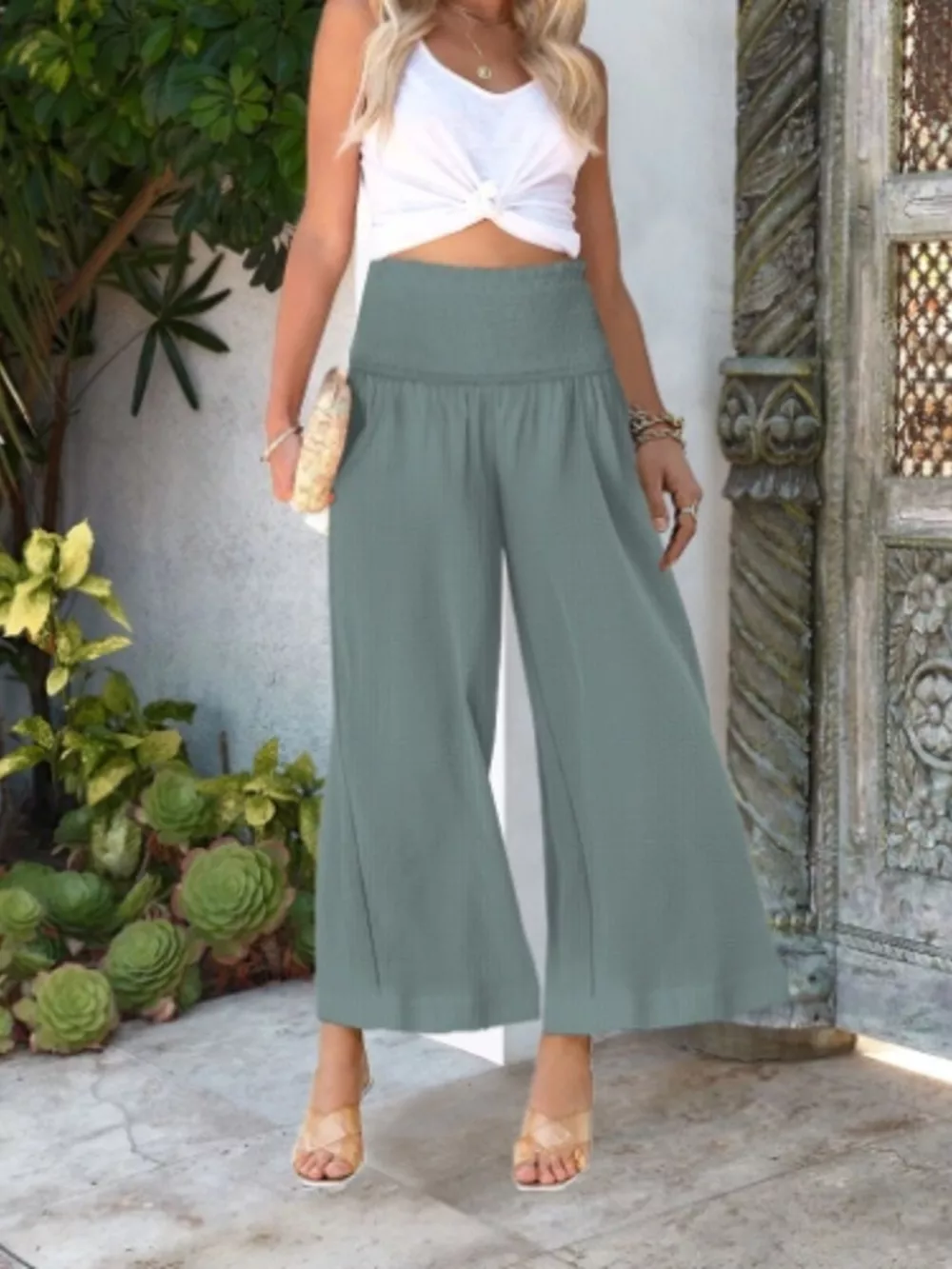 Wide-Leg Smocked Waist Pants, image 18