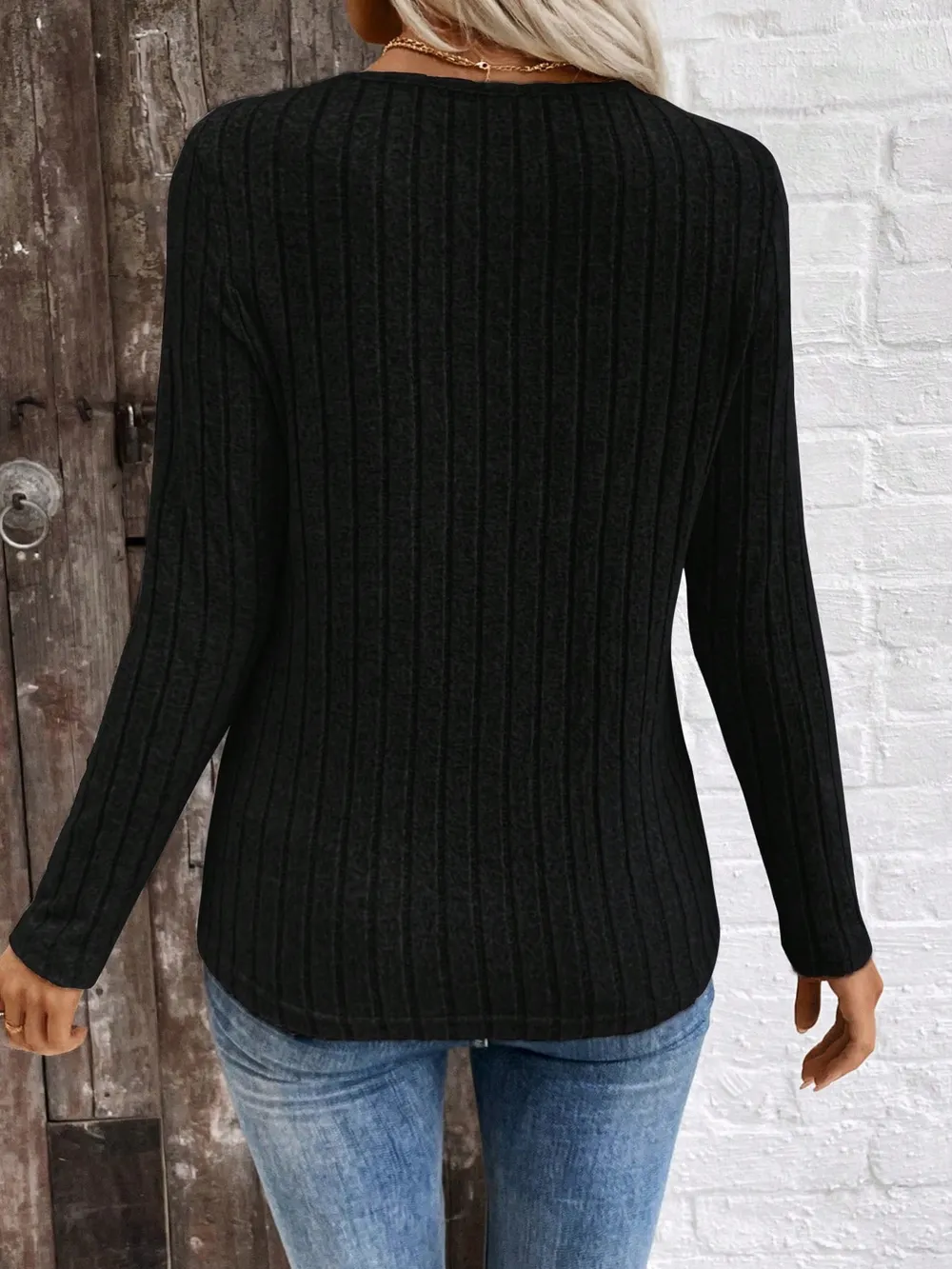 Ribbed V-Neck Long Sleeve Knit T-Shirt, image 14