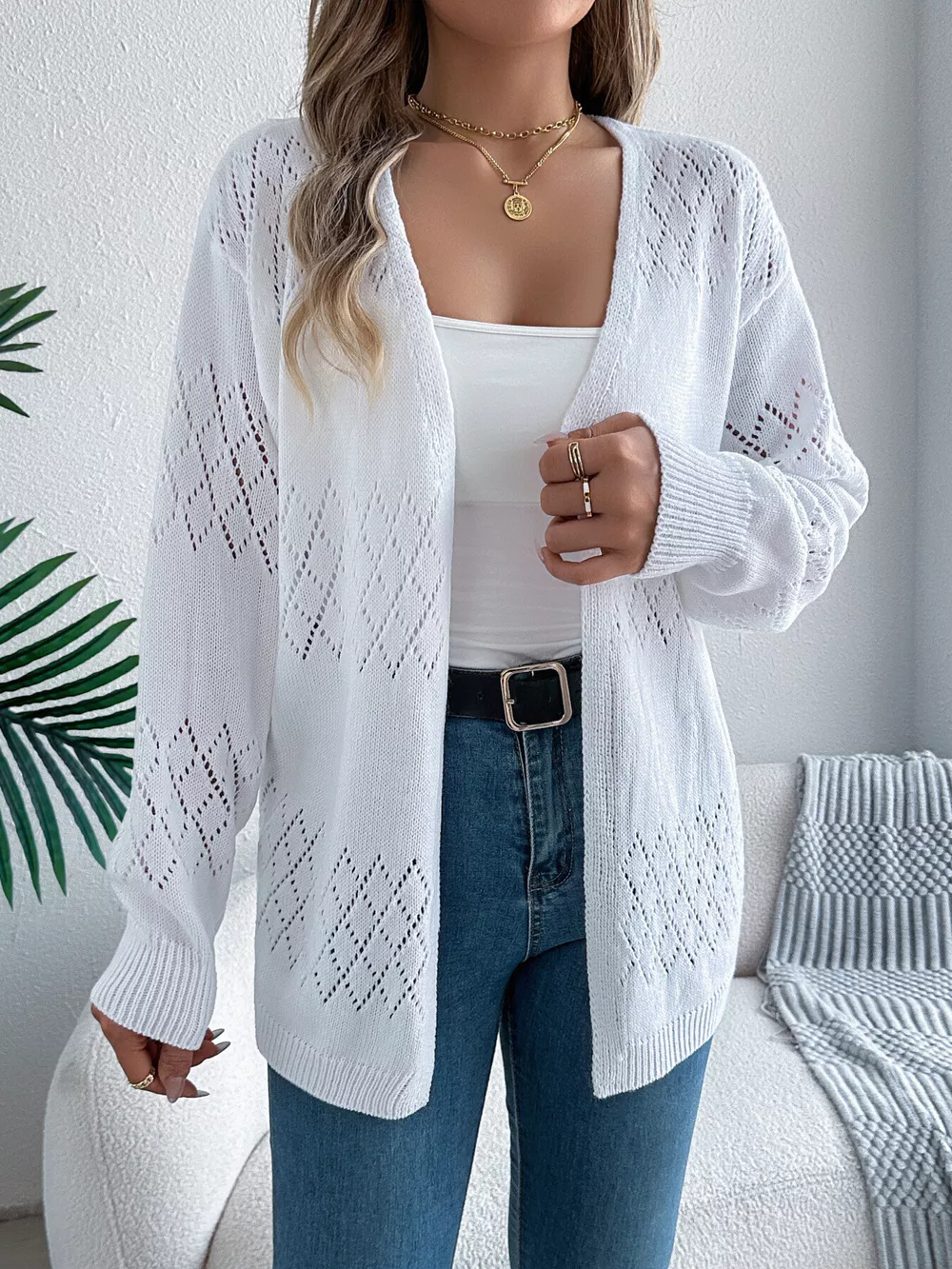 Openwork Open Front Long Sleeve Cardigan, image 13